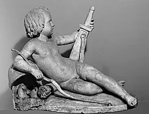 Den triumferende Amor med Mars's våben. Halvt liggende Amor med Mars's sværd og støttet til Mars's hjælm, hvori to duer ligger på deres rede by J.A. Jerichau (I)