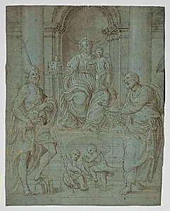 Den tronende Jomfru Maria med Jesusbarnet, Skt. Peter og Johannes Døberen samt to englebørn, der spiller musik by Ubekendt