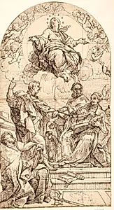 Den ubesmittede undfangelse med Johannes Døberen, den hellige Gregor, Sankt Johannes Chrysostomos og Augustin by Ubekendt