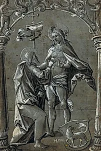 Den vantro Thomas stikker sine fingre ind i den opstandne Kristus' sidesår. F.n.t.h. et våbenskjold med lam(?) med fane på en skrabekniv (?) by Hans Leu (II)