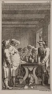 Des Scheerers Hund lekt das gefärbte Wasser, aus einem zerbrochenen Gefäfse unterm tisch, um welchem 4. Bauren sitzen, und 3. stehen, welche Taback rauchen und trinken. ob. III, p. 61. by Daniel Nikolaus Chodowiecki