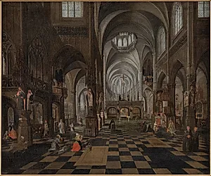 Det indre af en katolsk kirke by Isaak van Nickelen
