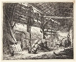 Det indre af en lade by Adriaen van Ostade