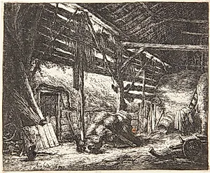 Det indre af en lade by Adriaen van Ostade