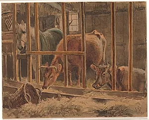 Det indre af en stald med en hvid hest og to køer by Johan Thomas Lundbye