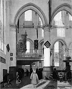 Det indre af Oude Kerk i Amsterdam under en prædiken by Emanuel de Witte