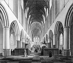 Det indre af S. Bavo i Haarlem set gennem midtskibet op mod koret by Isaak van Nickelen