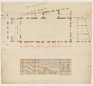 Det Kgl. Teater. Plan med midterbygning, operamaskinhus, forbygning, tilskuerplads, bagbygning og trappehuse