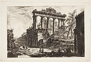 Det såkaldte Concordia-tempel, med Saturn-templet og Septimius Severus' triumfbue til højre by Giovanni Battista Piranesi