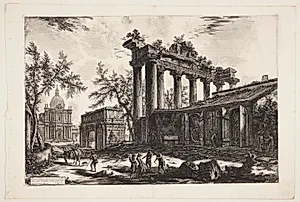 Det såkaldte Concordia-tempel, med Septimius Severus' triumfbue og Santa Martina-kirken by Giovanni Battista Piranesi