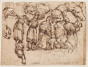 Diverse studier til i alt 7 personer. Bl.a. til kvinder, der bærer knipper, og til en mand med en kniv, samt til et æsels- og to hundehoveder og en liggende hund by Giulio Cesare Procaccini