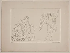 Dødens Engel bærer et lille Barn bort fra de sørgende Forældre by Heinrich Wenzler