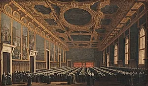 Dogen og det store råd forsamlede i Sala del consiglio maggior i Dogepaladset