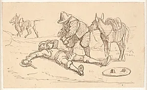 Don Quixote ligger såret og hjælpes af Sancho by Wilhelm Marstrand