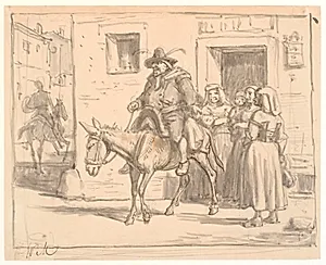 Don Quixote og Sancho Pansa forlader værtshuset by Wilhelm Marstrand