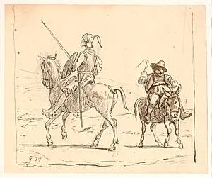 Don Quixote rider mod venstre, Sancho Pansa mod højre by Wilhelm Marstrand
