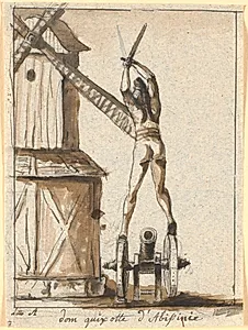 Don Quixote, stående på en kanon, med sværdet hævet mod en møllevinge by Nicolai Abildgaard