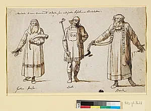 Dragtstudier. Formentlig til teatret. Tre figurer, en Hertas præst, en drot og en barde by Nicolai Abildgaard