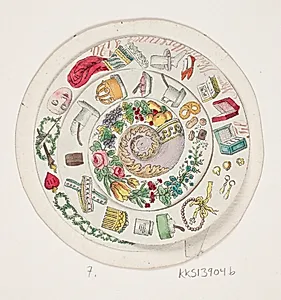 Drejeskrive med diverse småting aftegnet by Oluf Olufsen Bagge