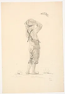 Dreng med hænderne over hovedet, set fra ryggen by Christen Dalsgaard