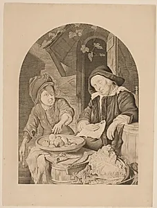 Drengen stjæler æbler fra den sovende kone by Erling Eckersberg