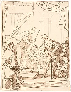 Dronning Elisabeth af England overrækker 1568 hosebåndsordenen til hertug Adolf af Gottorp by Jürgen Ovens