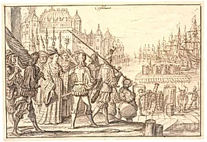 Dronning Philippa, Kong Erici Pomerani Gemalinde, forsvarer Kjøbenhavn mod Hansestæderne i Kongens Fraværelse. Aar 1428 by Crispijn de Passe (II)