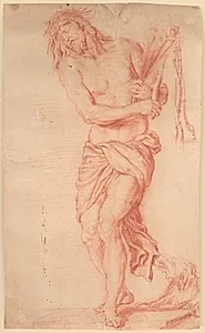 Ecce Homo. Stående, lidende Kristus med ris og knudepisk samt tornekrone på hovedet