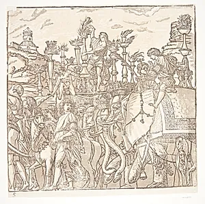 Elefanter og en ung mand, der tænder kandelabre by Andrea Andreani