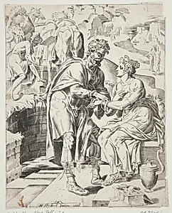 Elizier forærer Rebekka armbåndene by Dirk Volkertsz. Coornhert