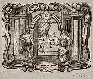 Emblem med portal, mand og kvinde, amorin og to brændende hjerter by Christian Rothgiesser