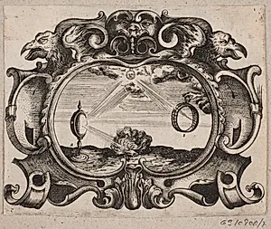 Emblem med sol, der stråler gennem en ring og gennem et brændeglas, så der antændes et bål by Christian Rothgiesser