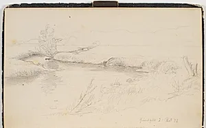 En å, der snor sig gennem et fladt landskab. I baggrunden et skovbryn by P.C. Skovgaard