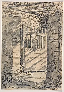 En åben havelåge overskygget af vinløv