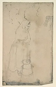 En ældre kone, der står med en smørkærner by Niels Larsen Stevns