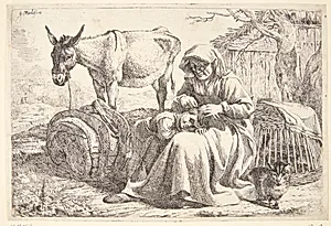 En ældre kvinde, der reder en lille piges hår by Jan Miel