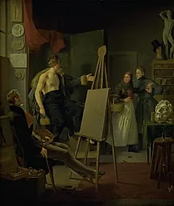 En amagerpige som vil sælge frugt i en malers atelier by Albert Küchler