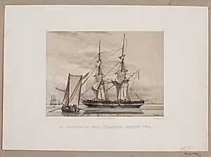 En amerikansk brig tilankers tørrer sejl by Adolph Kittendorff