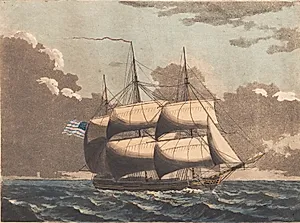 En amerikansk fregat med rebede merseil, at see i læe by Niels Truslew