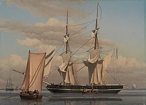 En amerikansk orlogsbrig, der ligger for anker, mens sejlene tørres by C.W. Eckersberg