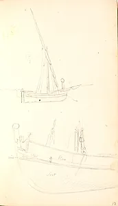 En både med skrå mast samt forstavnen af et skib by P.C. Skovgaard
