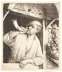 En bager, der blæser i sit horn by Adriaen van Ostade
