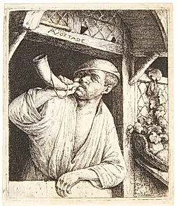 En bager, der blæser i sit horn by Adriaen van Ostade