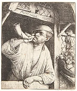 En bager, der blæser i sit horn by Adriaen van Ostade