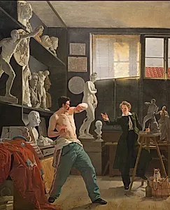 En billedhugger (Christen Christensen) arbejder efter levende model i sit atelier by Wilhelm Bendz
