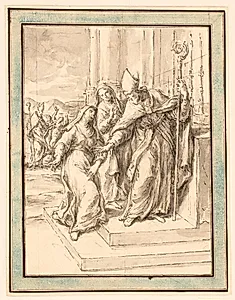En biskop og to nonner ved et alter. I baggrunden en biskop, der heler en besat kvinde by Ubekendt