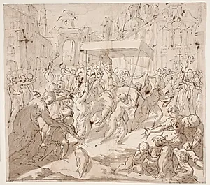 En biskop, ridende på et æsel under en baldakin, kommer med en procession ind i en by, hvor han velsigner børn og syge mennesker by Sigismondo Caula