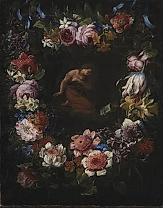En blomsterkrans by Carel de Vogelaer