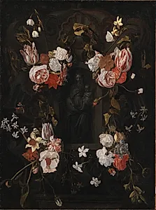 En blomsterkranset niche med en stenfigur af Madonna by Ubekendt