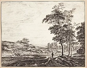 En bonde, jægere og hunde i udkanten af skoven by Roelant Roghman